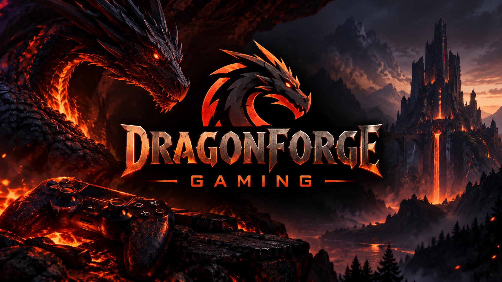 DragonForge Gaming hero banner with dragon and custom gaming setup
